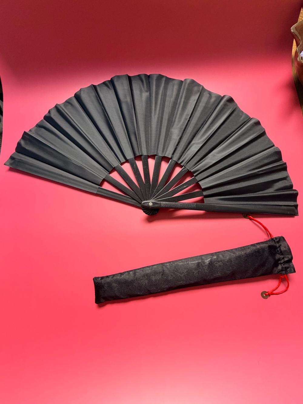 Oversized Black Hand Fan with Carry Sleeve